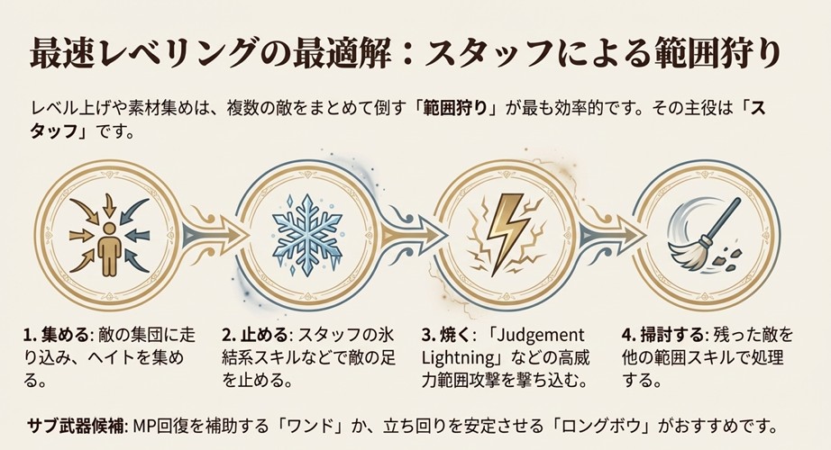 経験値稼ぎや素材集めに最適なスタッフ（杖）を使った範囲狩り（AoE）の具体的な手順。集めて止めて焼く4ステップ解説