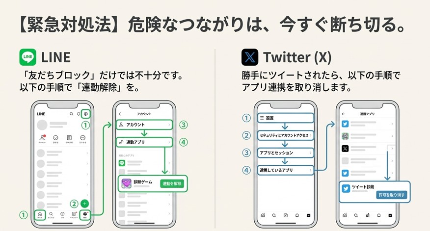 LINEの連動アプリ解除手順と、X（Twitter）の連携しているアプリの許可取り消し手順をスマートフォンの画面遷移で図解したスライド 。