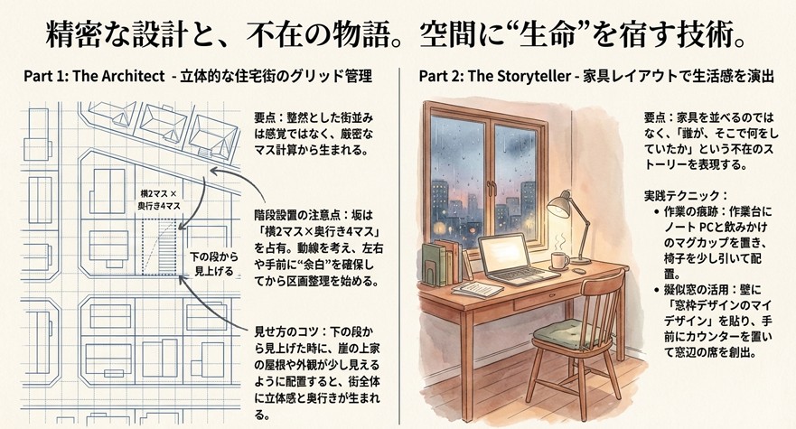 坂を設置する際の横2マス×奥行き4マスの設計図と、飲みかけのコーヒーやPCを配置して「不在の物語」を演出するテクニックの紹介。