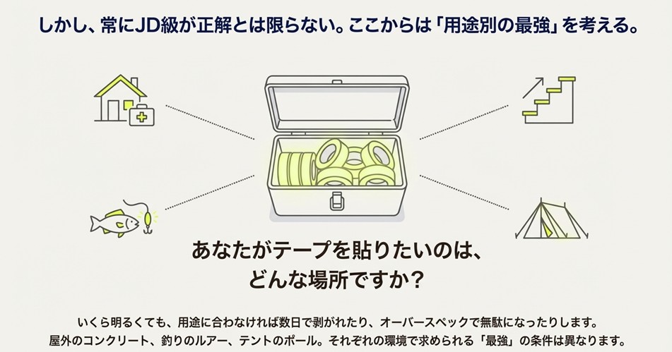 防災、階段、釣り、キャンプなど、テープを貼りたい場所によって求められる性能が異なることを示すイメージ図