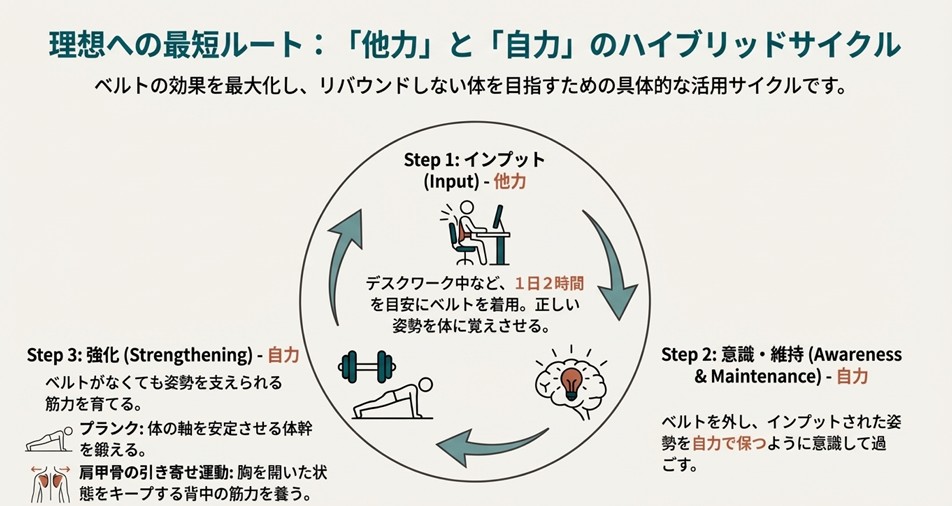 ベルトで正しい姿勢をインプットし、日常で維持し、筋トレで強化するという3ステップのサイクルを図解したスライド。