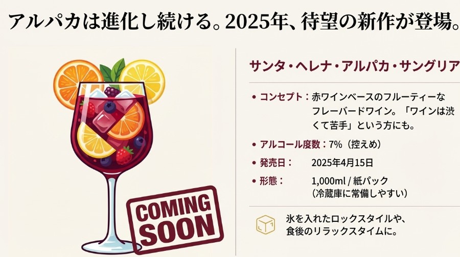 2025年4月発売予定のサンタ・ヘレナ・アルパカ・サングリアの製品イメージと発売日情報