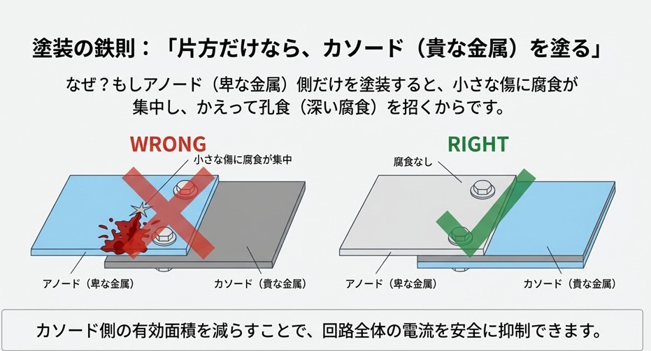 アノード側だけを塗装してピンホール腐食が及ぶ悪い例と、カソード側を塗装して安全を保つ良い例の比較図。