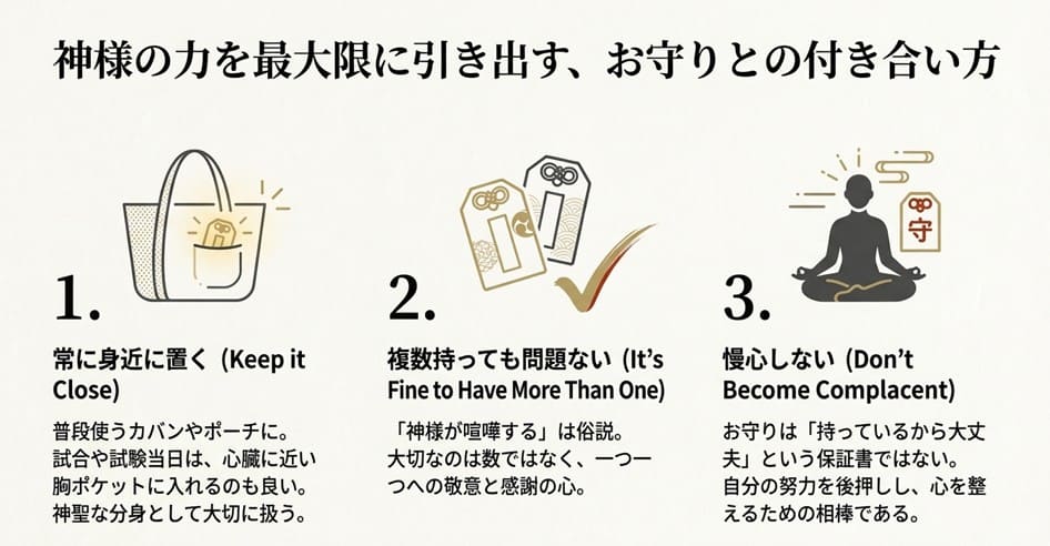 お守りの扱い方として「常に身近に置く」「複数持っても問題ない」「慢心しない」という3つのポイントと、具体的な持ち運び方をイラスト付きで解説したスライド。