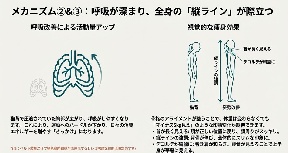 胸郭が広がり呼吸が深くなる肺のイラストと、姿勢改善により首が長く見え、縦ラインが強調される視覚効果を示した図。