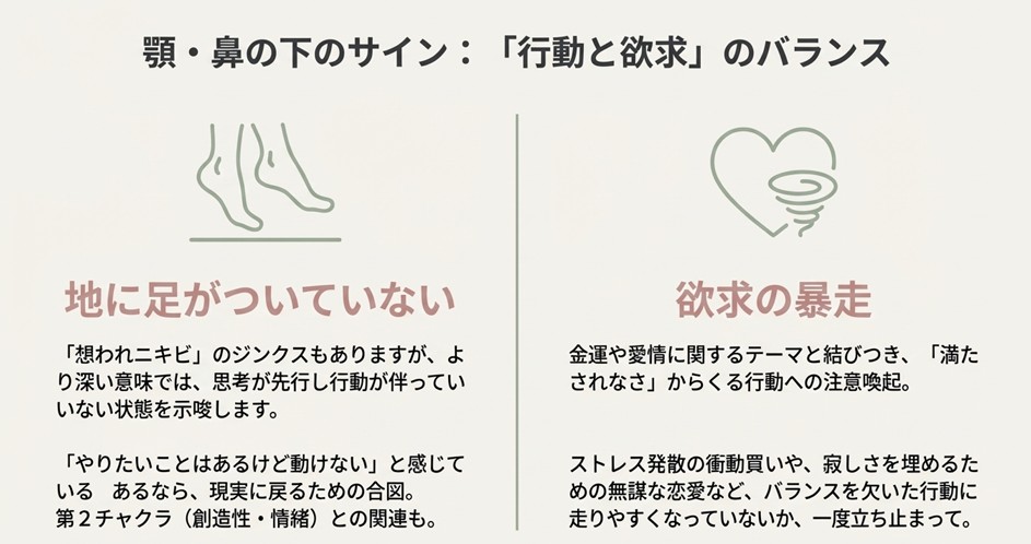 顎と鼻の下のニキビの意味。地に足がついていない状態や欲求の暴走を示すスピリチュアルな図解