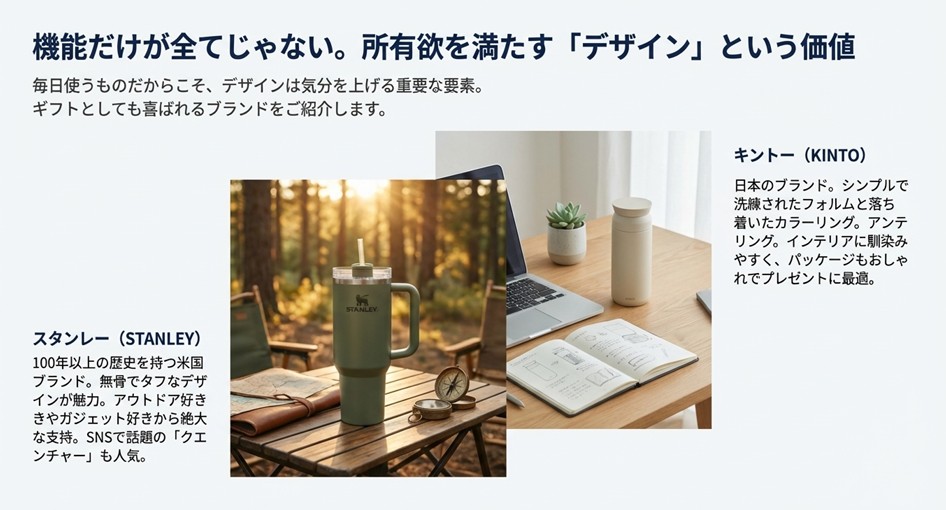 無骨なデザインのアウトドアブランドSTANLEY（スタンレー）と、シンプルで洗練された日本のKINTO（キントー）の製品紹介