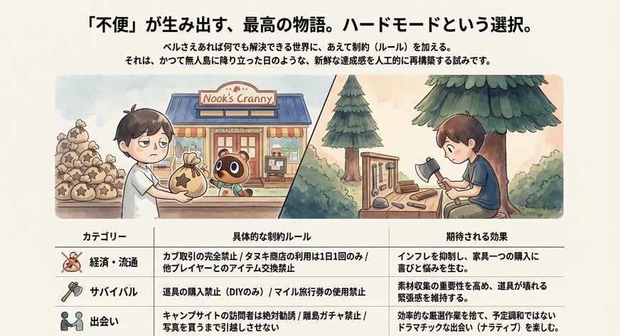 経済・流通、サバイバル、出会いの3つのカテゴリーにおける具体的な縛りプレイのルールと、それによって生まれる物語性の解説。