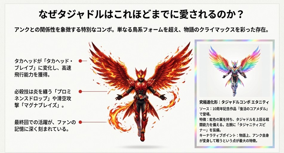 タジャドルコンボのバストアップイラスト（タカヘッド・ブレイブ）とタジャスピナー。アンクとの関係性や、強化形態タジャドルコンボエタニティの特徴解説を含む。