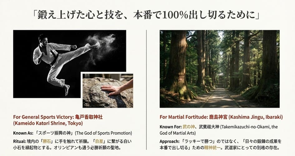 スポーツ振興の神「亀戸香取神社」の白星祈願と、武道の神「鹿島神宮」の精神統一について、それぞれの特徴とご利益を対比させたスライド。空手の演武と神社の参道の写真付き。