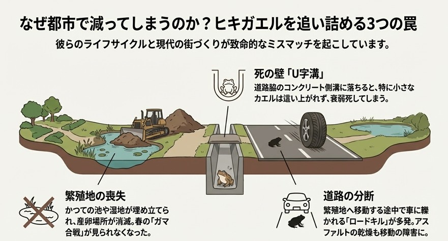 都市部でヒキガエルが減る主な原因である「U字溝への転落」「繁殖地の喪失」「道路でのロードキル」を解説したイラスト。