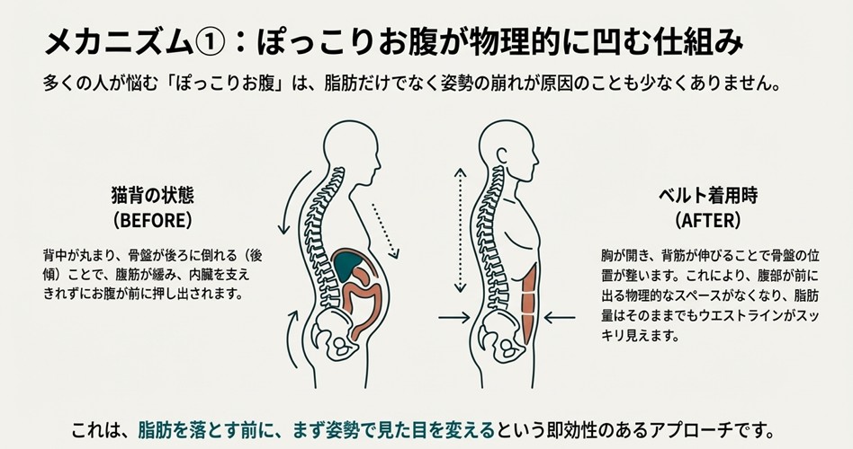 猫背による骨盤後傾で内臓が前に押し出される図（BEFORE）と、ベルト着用で姿勢が整いお腹が凹む図（AFTER）の比較イラスト。