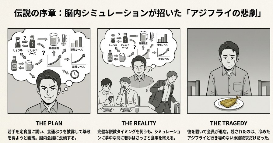 しょうゆかソースか、ビールの最適温度は何度かという複雑な脳内フローチャートと、若手に置いてきぼりにされる黒沢の対比図 。