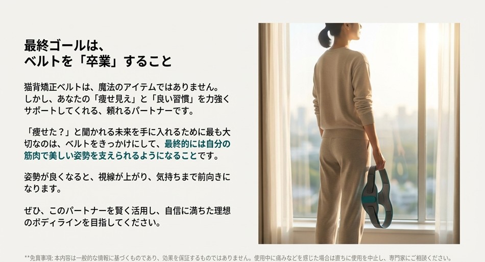 窓際に立ち、ベルトを手に持って佇む女性の写真。「最終ゴールはベルトを卒業すること」というメッセージが書かれたスライド。
