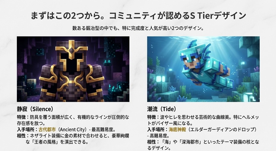 マイクラの鍛冶型人気ランキング上位である「静寂（Silence）」の豪華なネザライト装備と、「潮流（Tide）」の流線形デザイン装備の画像。
