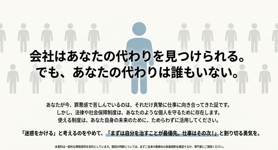「会社はあなたの代わりを見つけられる。でも、あなたの代わりは誰もいない」というメッセージ。法律や制度を活用し、自分を治すことを最優先にしてほしいという結びのスライド。