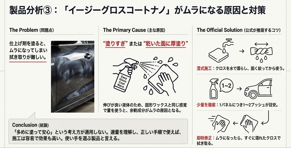 コーティング剤の塗りすぎによるムラ発生のメカニズムと、濡らしたクロスで少量を塗り広げる「湿式施工」の手順イラスト。