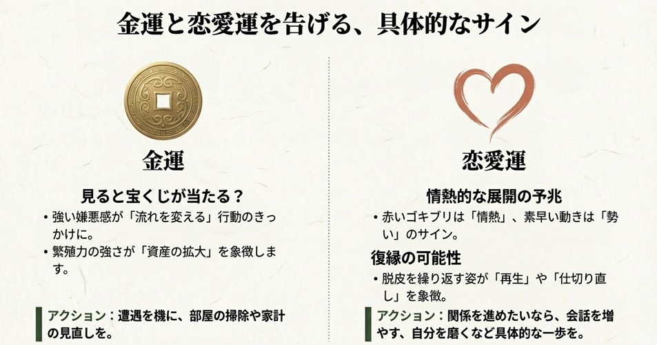 ゴキブリが宝くじ当選や金運拡大、恋愛の情熱や復縁の予兆であることを解説したスライド