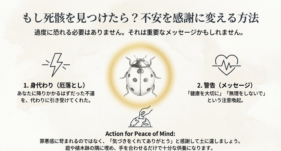 てんとう虫の死骸は身代わりや警告のメッセージ。感謝して土に還すことで供養になる