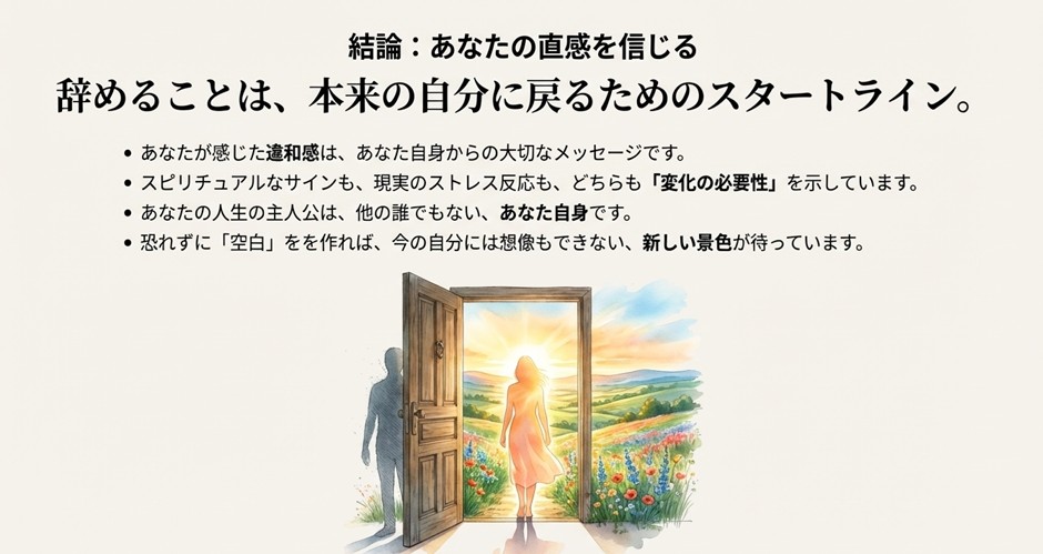 光が差し込む開かれた扉の前に立つ女性のイラスト。違和感は自分自身からのメッセージであり、恐れずに新しい景色へ進むよう促すメッセージ画像。