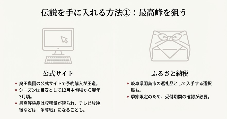 奥田農園公式サイトでの予約購入や、岐阜県羽島市のふるさと納税返礼品として入手する方法をまとめたスライド