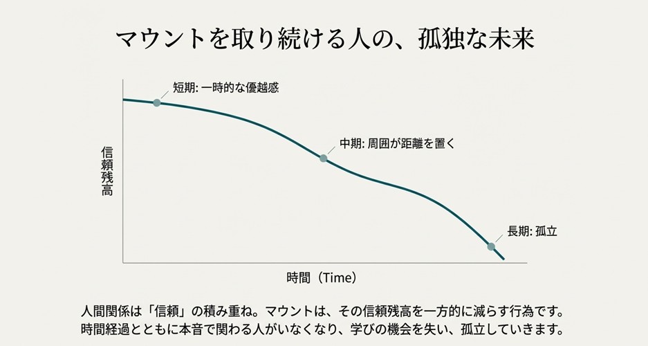 時間の経過とともに「信頼残高」が減少し、短期的な優越感から中期的な距離、長期的な孤立へと向かう右肩下がりの曲線グラフ。