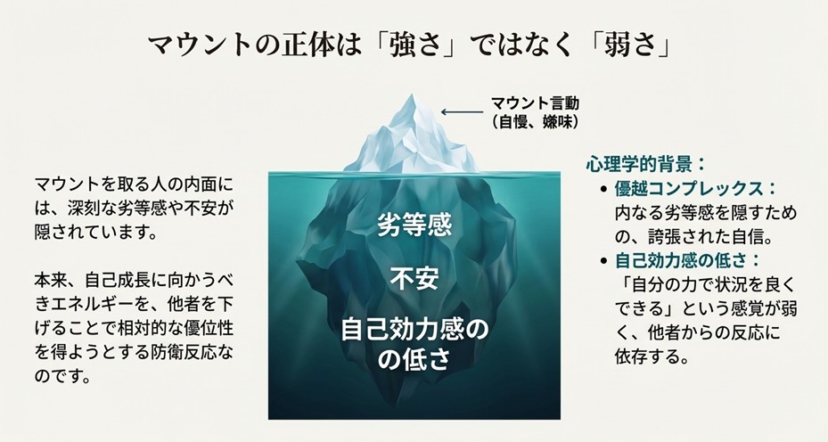 劣等感や不安、自己効力感の低さが「マウント言動（自慢、嫌味）」につながる仕組みを解説した図解スライド。