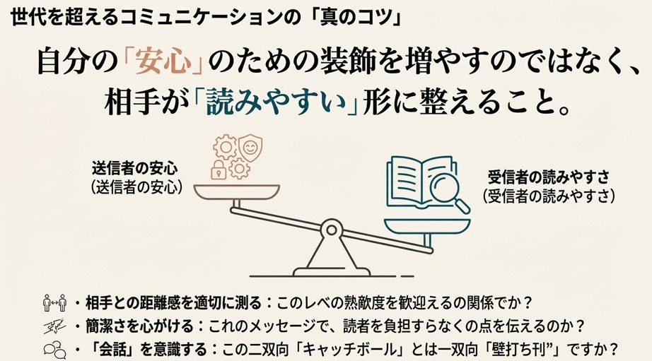 コミュニケーションにおける「送信者の安心感」と「受信者の読みやすさ」のバランスをとるための天秤図