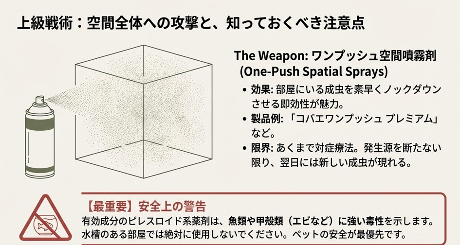 部屋全体に効くワンプッシュ式殺虫剤の特徴と、魚やエビがいる水槽への毒性に関する警告