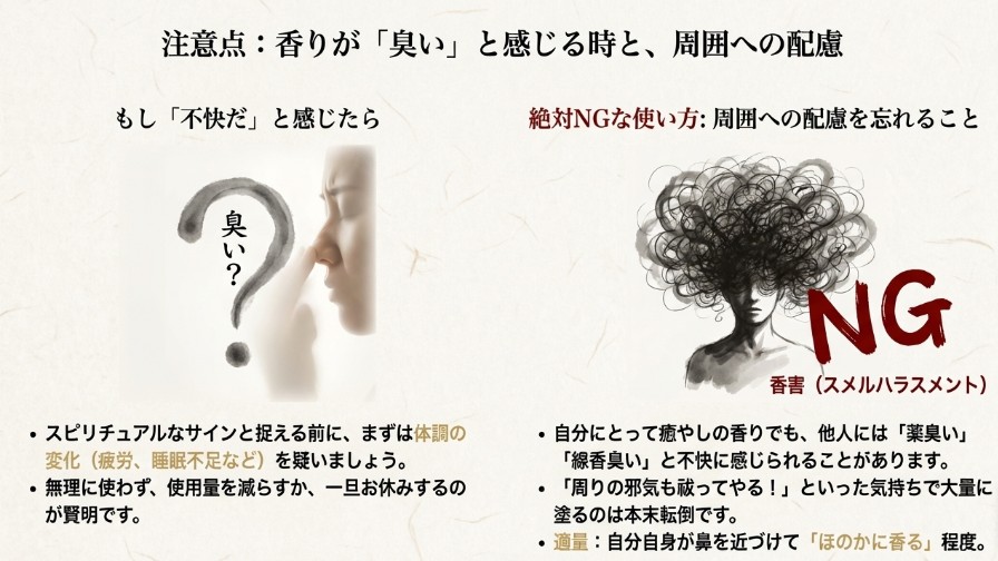 塗香を不快に感じる時の体調チェックポイントと、周囲への配慮(香害防止・NGな使い方)についてまとめたスライド。