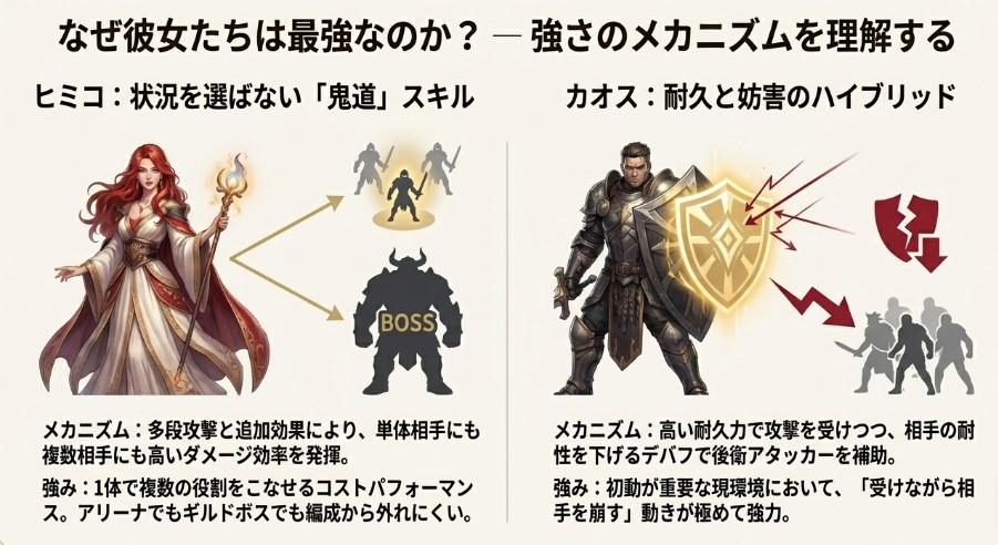 多段攻撃で火力を出すヒミコと、耐久と妨害を両立するタンクであるカオスの強さの仕組み解説