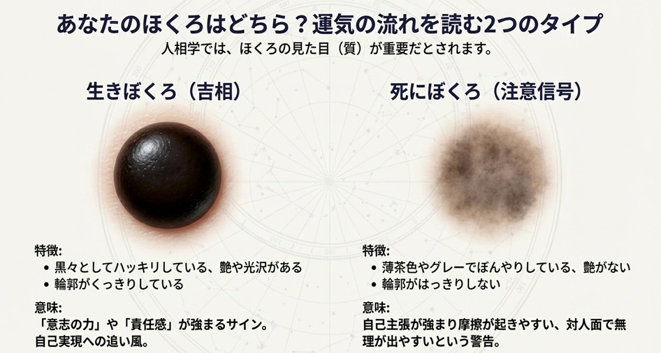 良い意味を持つ生きぼくろと、注意が必要な死にぼくろの見た目(色・艶・輪郭)の違いをまとめた比較表