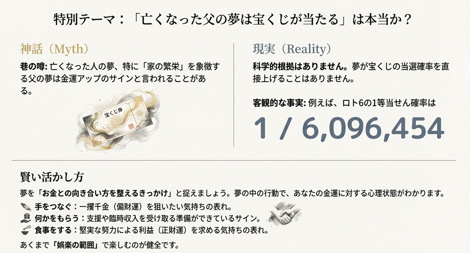 亡くなった父の夢が直接当選確率を上げるわけではないが、お金との向き合い方や金運に対する心理状態を知るきっかけになることを解説したスライド。