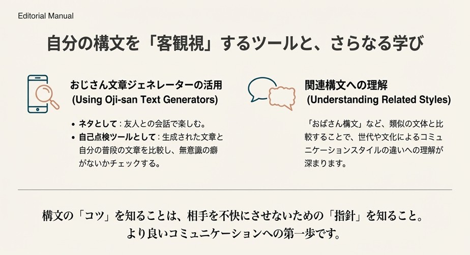 おじさん文章ジェネレーターの活用法と、おばさん構文など関連スタイルとの比較による客観視