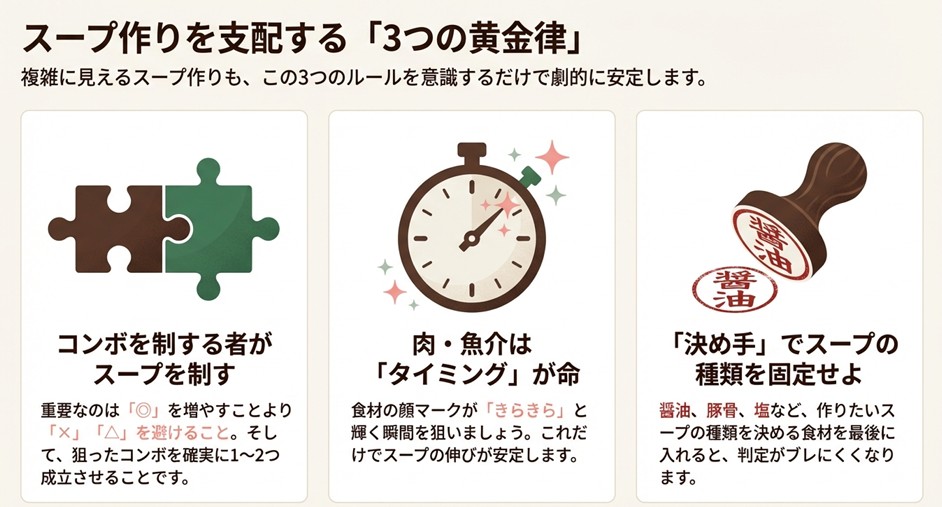 コンボの成立、投入タイミング、決め手の食材というスープ作りの3つの重要ルールを示したパズルと時計のイラスト