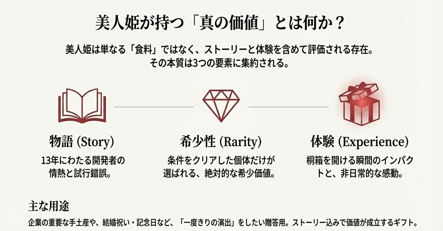 美人姫の価値は単なる食料ではなく、「物語（Story）」「希少性（Rarity）」「体験（Experience）」の3要素で構成されていることを示したまとめスライド
