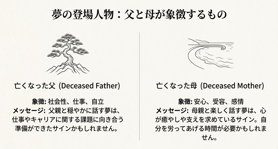 夢の中の父親が象徴する「社会性・仕事」と、母親が象徴する「安心・受容」についての対比図