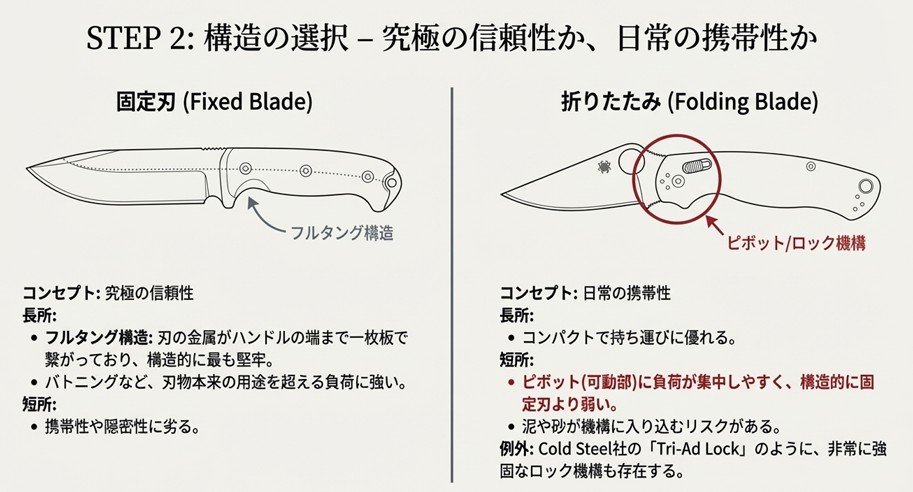 ドロップポイント、タントー、クリップポイントの3つの刃の形状イラストと、それぞれの得意な役割（万能、刺突、繊細作業）の解説。