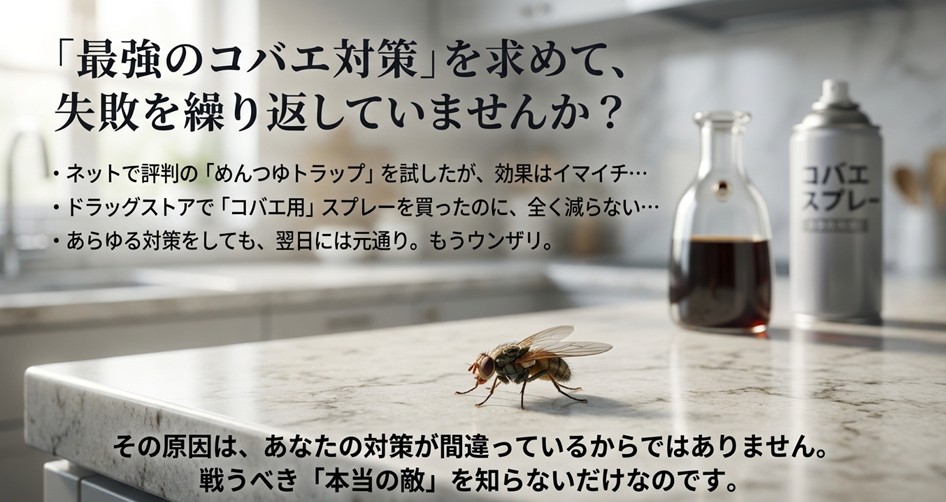 コバエ対策に失敗する人が陥りがちな、スプレーやめんつゆトラップが効かない悩み