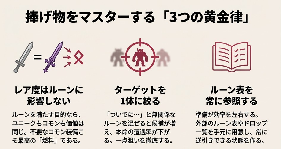 捧げ物選びのコツとして「レア度は無関係」「ターゲットを1体に絞る」「ルーン表を常に参照する」という3つのルールをまとめたスライド。