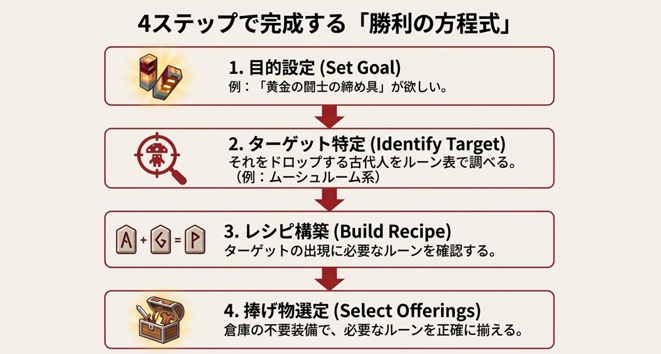 目的設定、ターゲット特定、レシピ構築、捧げ物選定という、狙った装備を出すための4つの手順を示したフローチャート。