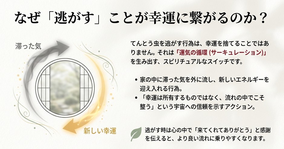 てんとう虫を逃がす行為は運気を循環させるスピリチュアルなスイッチであるという解説