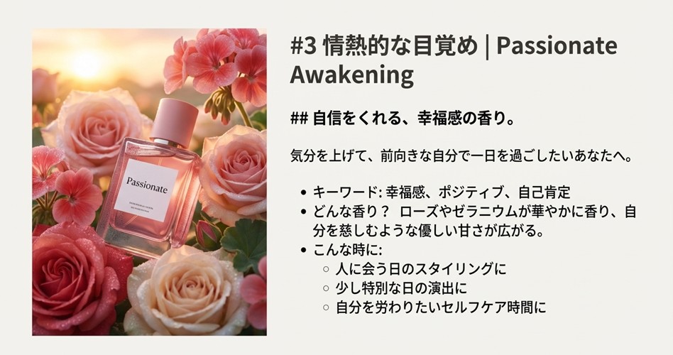 たくさんのバラの花に囲まれたピンク色のボトル「Passionate Awakening」。キーワードは「幸福感」「ポジティブ」。華やかで前向きな気分をイメージさせる画像。