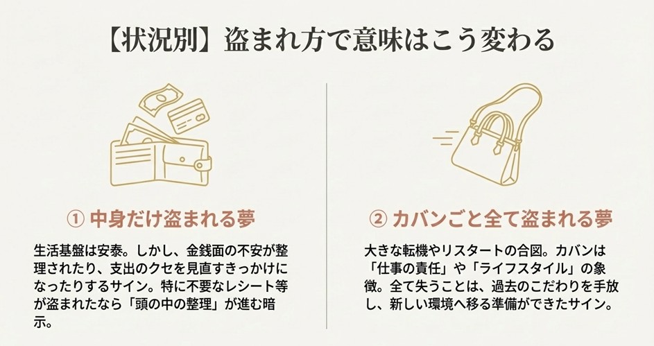 財布の中身だけ盗まれる場合は「整理・見直し」のサイン、カバンごと盗まれる場合は「転機・リスタート」の合図であるという状況別の意味解説。
