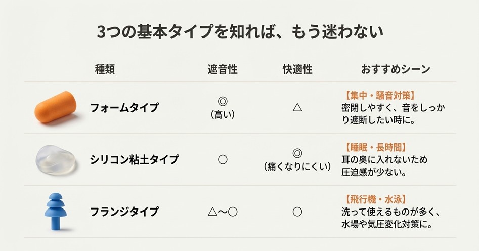 ダイソー耳栓(フォームタイプ・シリコン粘土・フランジ)の遮音性と快適性を比較した一覧表