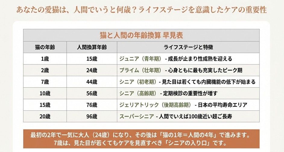 猫の1歳は人間の15歳、2歳は24歳、以降は4倍ずつ増える年齢換算表とライフステージごとの特徴解説。