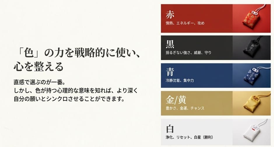 赤(情熱)、黒(強さ)、青(冷静)、金(豊かさ)、白(浄化)の5色について、それぞれの色が持つ心理的な意味と、どのような願いに適しているかを解説したスライド。