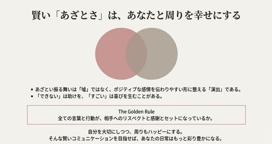 結論のまとめスライド。「全ての言葉と行動が、相手へのリスペクトと感謝とセットになっているか」という黄金律を提示。あざとさを、ポジティブな感情を整える「演出」として使いこなし、日常を彩ることを提案している。