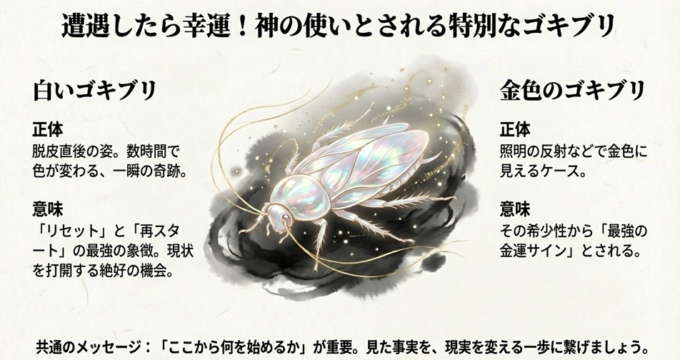 神の使いとされる白いゴキブリのリセットの意味と、最強の金運サインである金色のゴキブリについての解説