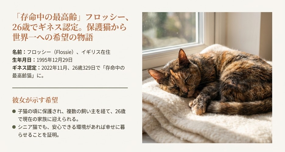 26歳でギネス認定されたイギリスの保護猫フロッシーの紹介。シニア猫でも幸せに暮らせる希望を示す写真。